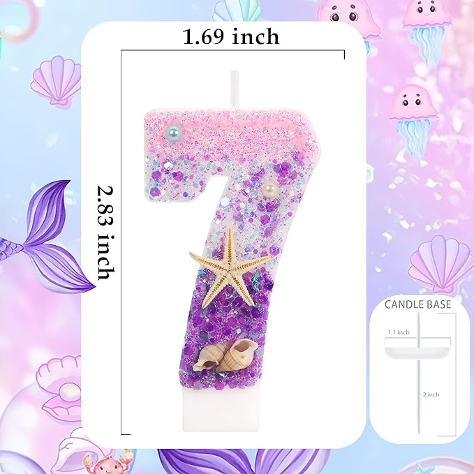 Purple Mermaid Party Number 7 Cake Candles, 2.76 inch Birthday Candle, Cake Topper Decoration for Birthday Party (Number 7)