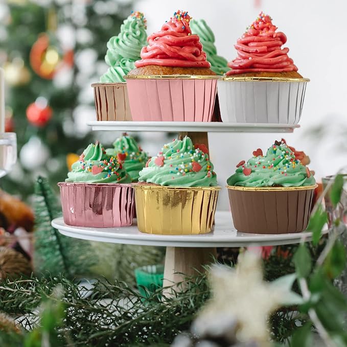 Foil Cupcake Liners with Dome Lids 100Pack,Free-Air 3.5Oz Cups for Baking,Disposable Ramekins Muffin Tins Cupcake Wrappers, with Spoons-Red in gold