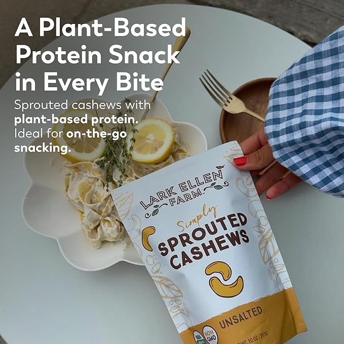 Lark Ellen Farm Unsalted Organic Raw Cashews, Sprouted, Air-Dried, Gluten-Free, Non-GMO, Vegan, Keto, Certified USDA, Peanut-Free Facility, Resealable Bag (10 oz, 6 pack)