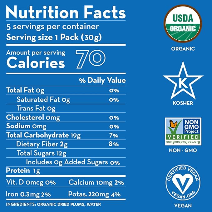 Sunny Fruit Soft Organic Prunes - 6 Bags (30 Individual Portion Packs) | No Preservatives, No Sugar Added | Healthy, Convenient Dried Plums Snack Packs | ORGANIC, NON-GMO, VEGAN, HALAL, KOSHER
