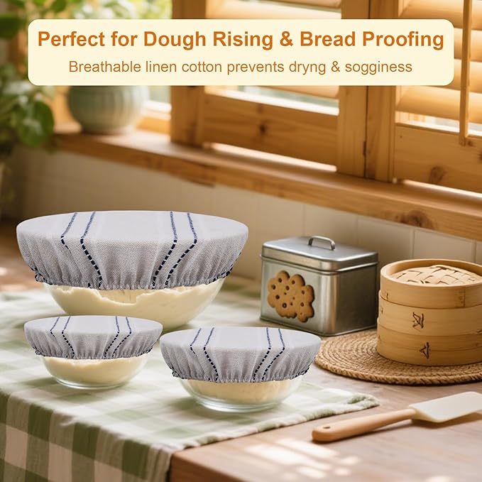 Reusable Bowl Covers for Bread Proofing, 9/10/13 Inches Bread Proofing Cover, 3 Pcs Linen Cotton Food Cover for Sourdough Proofing Basket, Food Storage Baking Supplies for Home Bakers