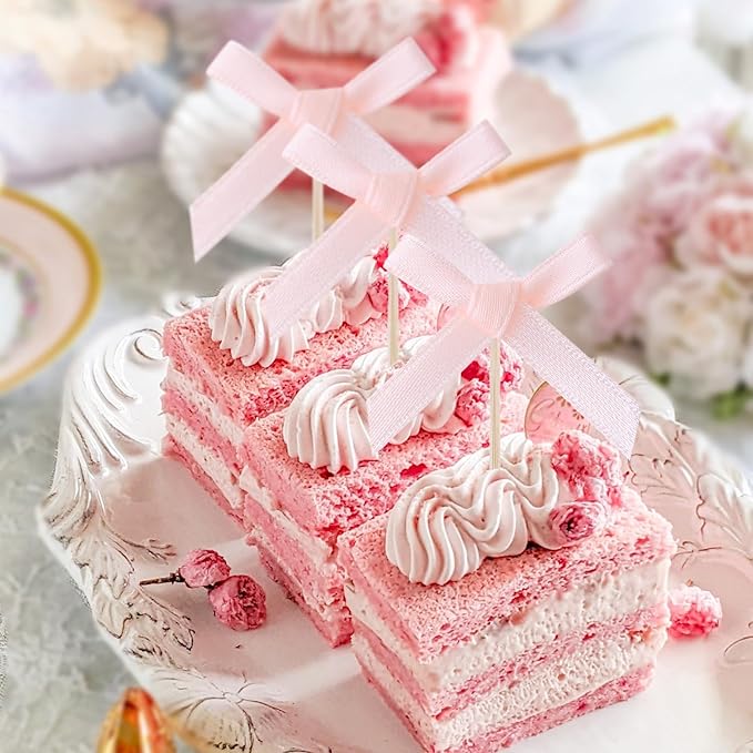 24Pcs Pink Bow Birthday Decorations Cupcake Toppers Supplies Pink Bow Baby Shower Cupcake Toppers Decorations for Girl Party Supplies Coquette Birthday Decorations