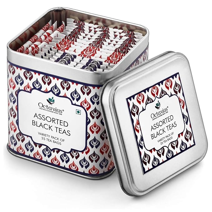 Octavius Assorted Black Tea Sampler Pack | Darjeeling/Classic Assam/Indian Masala/English Breakfast | 3 Flavors in 25 Tea Bags | Pack of 1
