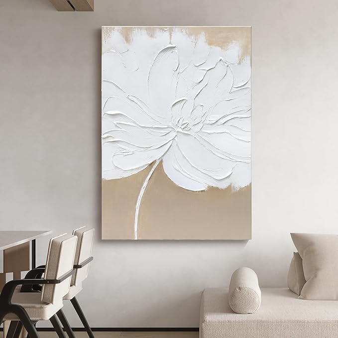 Artaanchuil Hand Painted White Flower Texture Wall Art - 28x40 Inch Beige Canvas Abstract Oil Painting Vertical Modern Artwork for Living Room Wall Decoration