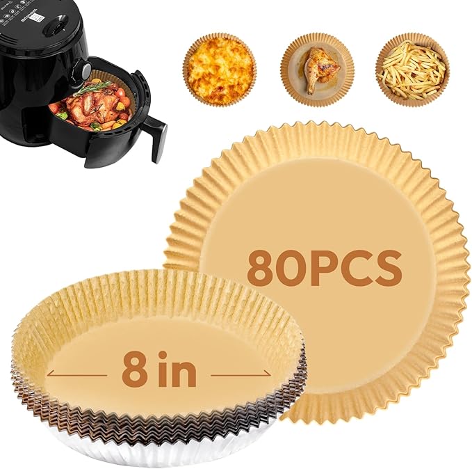 Katbite Round Air Fryer Liners Disposable,8 Inch Non-Stick Food-Grade Paper Inside&Reinforced Aluminum Foil Outside,5-8 QT Air Fryer Accessories for Oven Pans,Baking Baskets,80pcs -(PerformanceSeries)