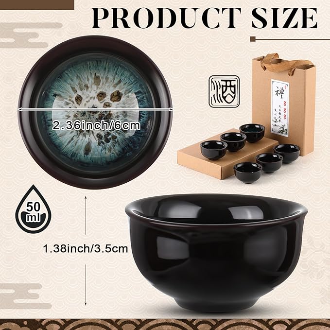 Skyley 6 Pieces Korean Soju Shot Glasses Sets Porcelain Cups Korean Ceramic Cups Tea Accessories Drinkware, Handcrafted Ceramic(Dark Brown,Sand Gold Pattern)