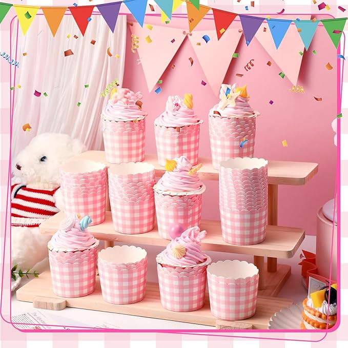 Vesici 150 Pcs Pink Gingham Ice Cream Cups 5oz Dessert Paper Bowls Gingham Scalloped Cupcake Cups Disposable Dessert Bowls for Food Sundae Frozen Yogurt Soup Party Supplies
