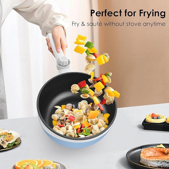 Audecook Hot Pot Electric with Steamer, 1.7L Mini Electric Skillet Portable Nonstick Saut챕 Pan with Power Adjustment, Ramen Cooker Travel Multicooker for Steak/Soup/Egg/Oatmeal/Noodles