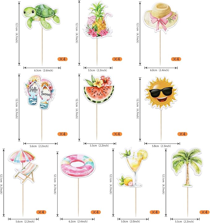 40 PCS Summer Beach Pool Cupcake Toppers Watermelon Slippers Sun Plam Tree Pineapple Tortoise Umbrella Cupcake Picks Beach Pool Party Cake Decorations for Summer Hawaii Theme Birthday Party Supplies
