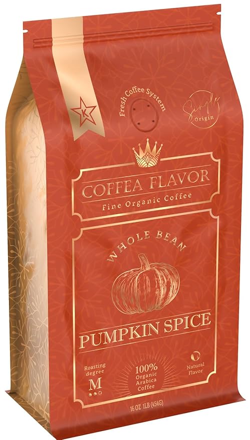 Pumpkin Spice Flavored Whole Bean Coffee ??Gourmet 100% Organic Arabica, Single Origin, Medium Roast, Autumn Inspired, Naturally Sweetened ??by Coffea Flavor