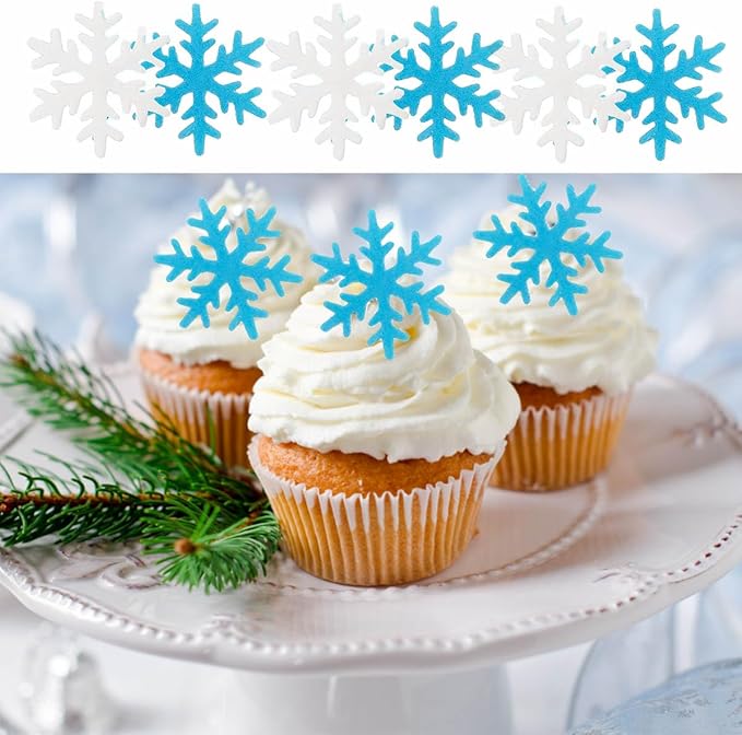50 Pcs Edible Snowflakes Cupcake Cake Toppers Christmas Winter Theme Party Decoration Supplies White and Blue