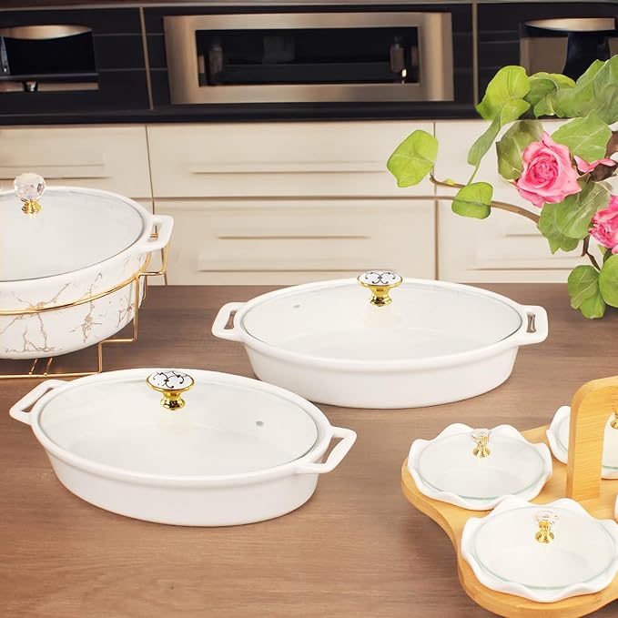 10" x 7" Ceramic Oval Casserole Dish with Glass Lid, 30 Ounce White Serving Soup Tureen,Chafing Dish for Buffet, Family Food preserve Tray, Catering Casserole for Party Style