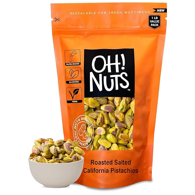 Oh! Nuts Pistachios No Shell - Roasted Salted - 1 lb - Shelled California Pistachios - Packed in New York Zip-Seal Bag for Exceptional Freshness
