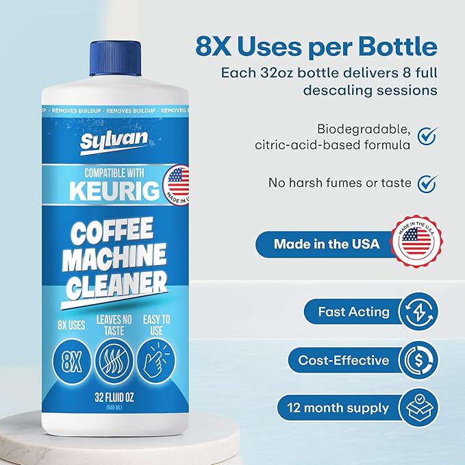 Descaling Solution Compatible with Keurig | Free Cleaning Cloth | 12 Month Supply | Made in the USA | Descaler for all Keurig Machines | 32 Oz | Coffee Machine Cleaner for Coffee Makers