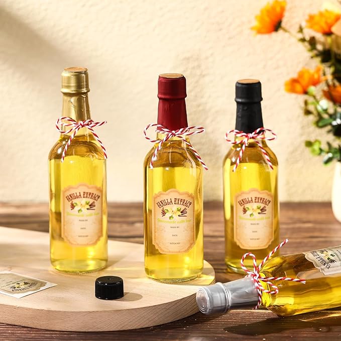 Tioncy 16 Pcs Vanilla Extract Bottles for Homemade Vanilla Jar Glass Bottle with Cap, Shrink Band, Sticker Syrup Gift Food Storage Canister for Bean Sauce Spice(Multicolour,8.5 oz)