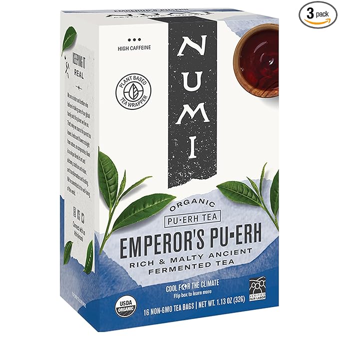 Numi Organic Emperor's Pu-erh Tea, 48 Dark Tea Bags, Aged Fermented Yunnan Black Tea, Caffeinated