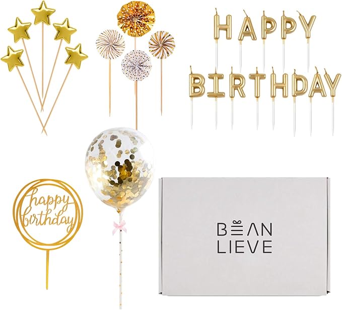 BEAN LIEVE Birthday Candles Set - Cake Topper Decoration with Cake Candles Confetti Balloon Stars and Fan Cupcake Toppers 12 Pieces Birthday Cake Decor for Birthday Party Celebration (Gold)