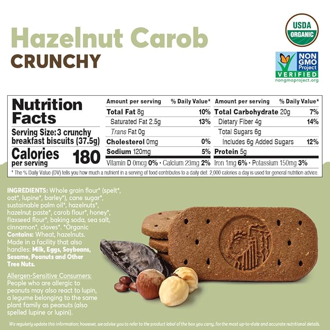 Olyra Organic Breakfast Biscuits - Hazelnut Carob - Healthy Snacks for Adults - Office Snacks - Healthy Cookies - High Fiber Snack - Natural Energy Breakfast Biscuit - 24 Packs