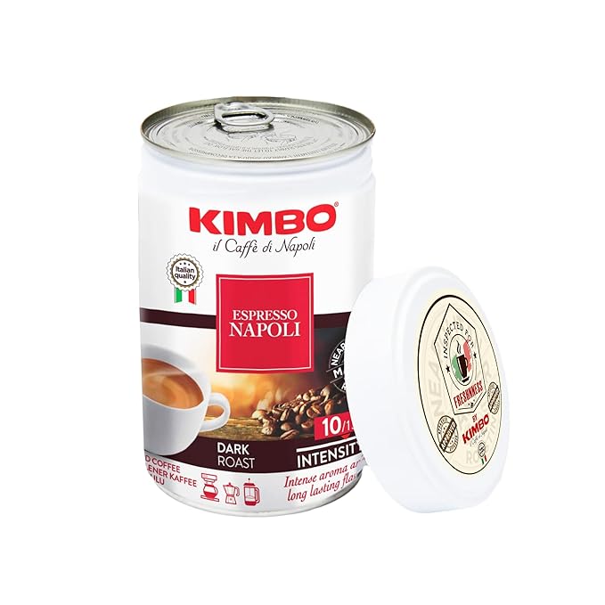 Kimbo Espresso Napoli Ground Coffee | Dark Roast | 10/13 Intensity | Intense Aroma & Long Lasting Flavor | 8.8 oz Cans - Pack of 4