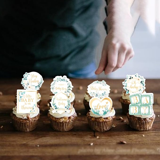 64 PCS Edible Oh Baby Cupcake Toppers Wafer Paper Love Baby Shower Cake Decorations Edible Baby in Bloom Welcome Baby Boy Cupcake Picks for Baby Shower Boys Birthday Party Decorations Supplies