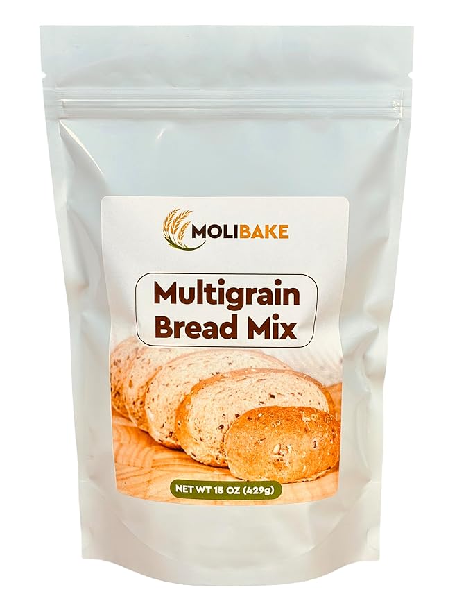 Molibake Multigrain Bread Mix ??Premium All-Natural Baking Mix for Bread Machine and Oven ??15 oz ??Gourmet Blend with Sunflower Seeds, Brown Flax, Pumpkin Seeds, Oat Flakes, Rye, Barley Malt, Wheat Bran ??Easy-to-Use Bread Maker Mix for Homemade Baking