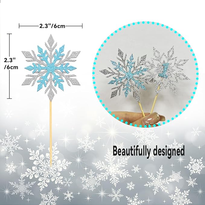 24PCS Glitter Snowflake Cupcake Toppers, Frozen One Cake Topper for Winter 1st Birthday Decorations, Baby Shower Decorations