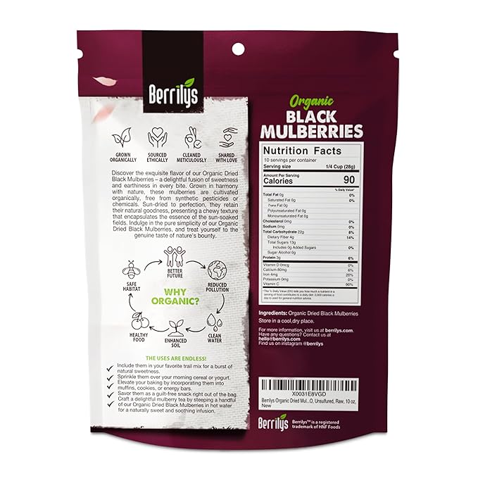 Berrilys Organic Dried Mulberries, Black, Dried Mulberry, Non-GMO, Unsulfured, Raw, 10 oz, Healthy Snacking, Great Ingredient for Baking Purposes, Vegan, Natural
