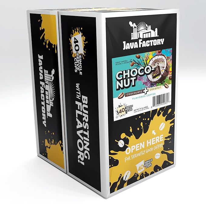 Java Factory Coffee Pods Choconut, 40 Count - Chocolate Coconut Flavored, Compatible with Keurig K Cup Brewers, Tropical Delight for Coffee Lovers