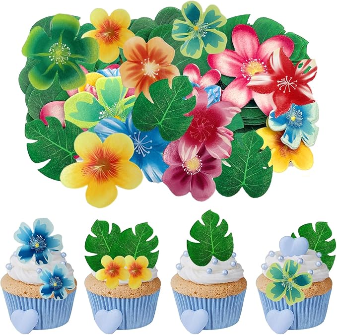 88 pieces of edible green leaf cake decorations, mixed leaf and flower cupcake decorations for Hawaiian themed festive wedding birthday party supplies.