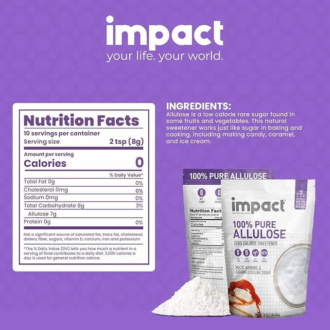 Impact - Pure Allulose Sweetener Sugar Substitute - Zero Calorie Blend, Low-Carb, For Coffee, Tea, Baking, Guilt-Free Indulgence - 1lb