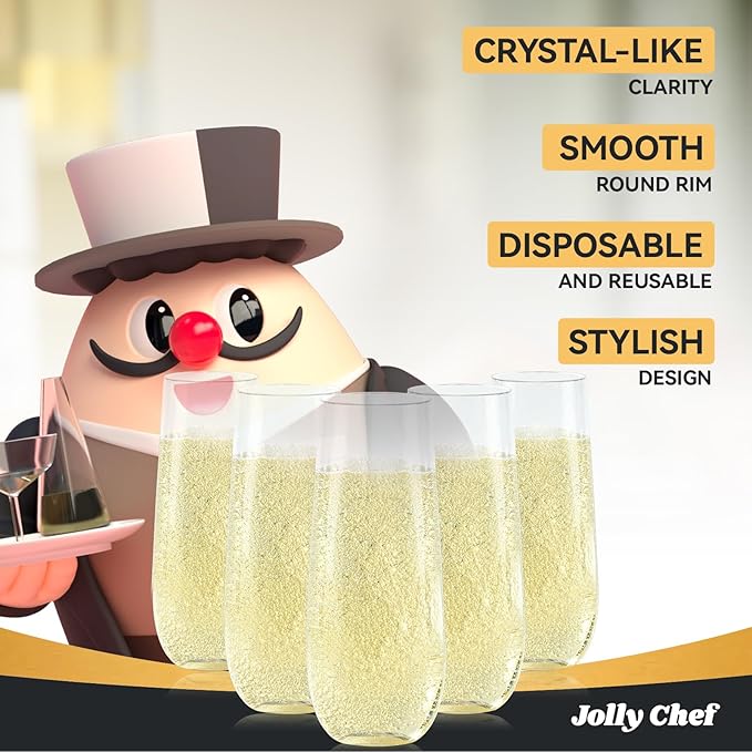 JOLLY CHEF 24 Pack Stemless Plastic Champagne Flutes 9 oz, Crystal Clear Stemless Plastic Toasting Glasses, Clear Disposable Unbreakable Drinkware Ideal for Wedding, Birthday, Party