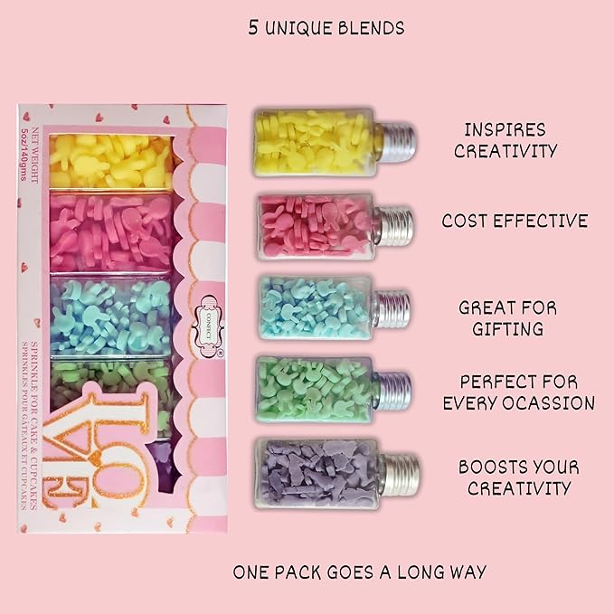 Confect Easter Sprinkles Edible | Assorted pack of 5 Parrot Green, Yellow, Pink and Sky Blue Easter Bunny I Cookies, Desserts & cupcake Decorating | Edible Sprinkles Mix for Baking & Cake Decorative