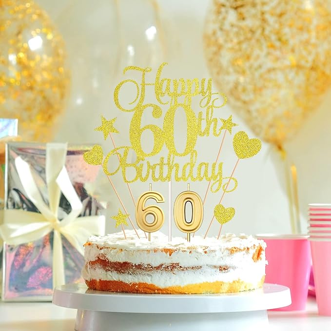 60th Birthday Cake Decorations Set Include 60th Birthday Candles Numeral 60 Cake Candles and Happy 60th Birthday Cake Toppers with Heart Star Cupcake Picks for Birthday Party (Gold Series)