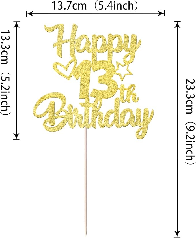 1 Pack Happy 13th Birthday Cake Topper Glitter Heart Star 13 Fabulous Cake Pick Birthday Sign Cake Decorations for 13th Birthday Theme Party Supplies Gold