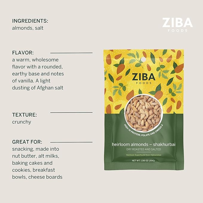 Ziba Foods Heirloom Shakhurbai Almonds | Salted & Dry Roasted Almonds | Non-GMO, Vegan, Gluten Free Whole Almond Nuts | Heirloom, Warm & Nutty | Healthy, Delicious Almond Snacks, Pack of 6