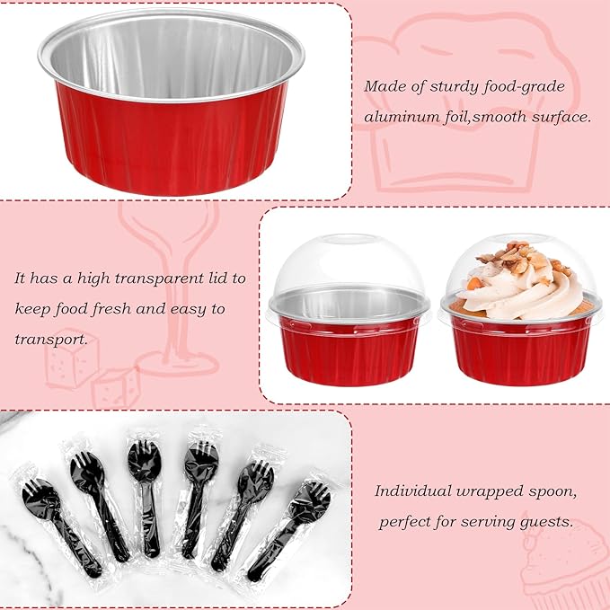 Mini Cake Pans with Lids and Spoons (40 Pack,Mixed,5oz) Round Disposable Ramekins - Sturdy Aluminum Foil Cupcake Liners with Lids for Dessert and Party