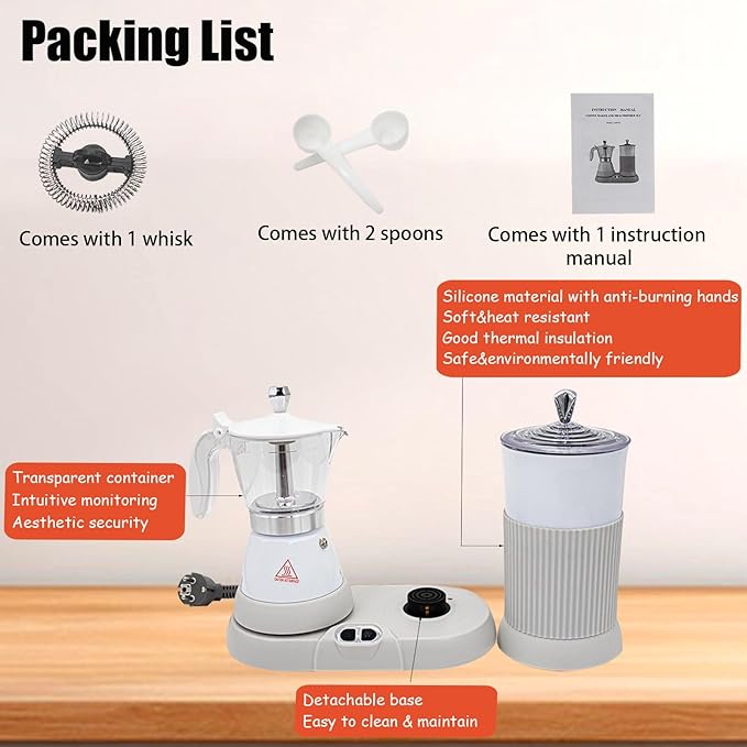 Espresso Maker with Milk Frother Electric Moka Pot 2-in-1 Espress Machine Aluminium One-Touch Operation Milk Froth Fine and Dense White 110V