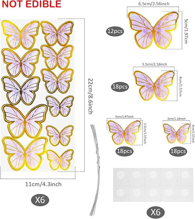 Set of 66 Pack Purple Gold Cupcake Toppers Mixed Size&Colour 3D Butterfly Cake Picks Decorations with Dot Glue and Support Stick for Girl Women Wedding Birthday Party Baby Shower Food Wall Decoration