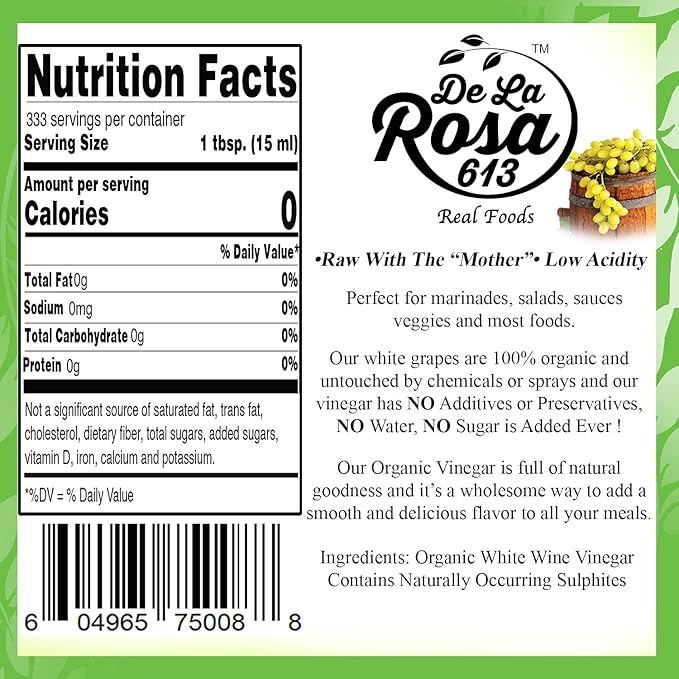 De La Rosa Organic White Wine Vinegar, Aged in Spanish Wood Barrels, Vegan, Non-GMO & Gluten Free, Kosher for Passover, Great for Salad Dressings, Marinades and More, 5 Liter (Pack of 1)