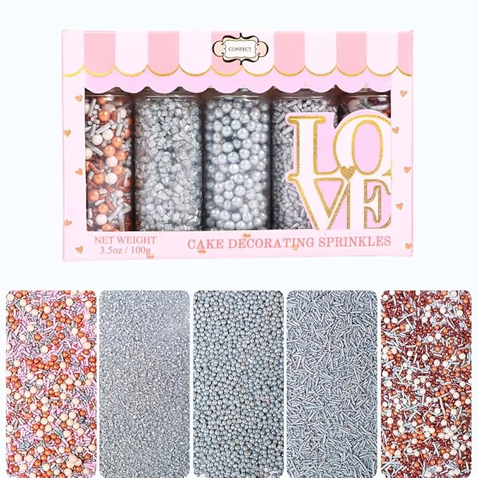 Confect Edible Cake Sprinkles Mix ??Silver, Bronze & White Pearls, Silver Jimmies, Sparkling Sugar ??Dessert Toppings for Cakes, Cupcakes, Cookies & Baking Decoration | Vegan, Gluten-Free, Nut-Free, Soy-Free, Dairy-Free, Palm Oil-Free- 5 Oz