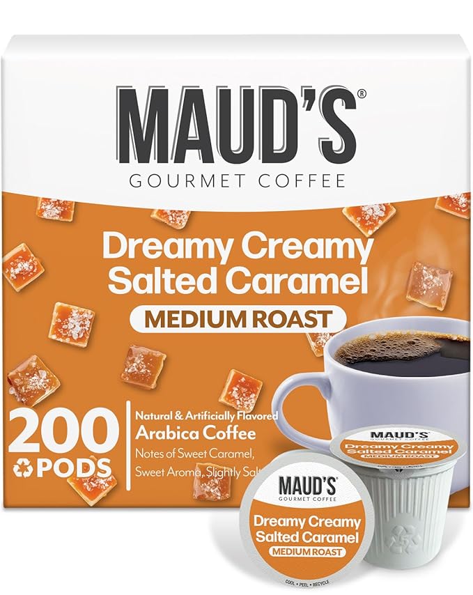 Maud's Salted Caramel Flavored Coffee Pods, 200 ct, Medium Roast Flavored Coffee in Recyclable Single Serve Pods – 100% Arabica Beans, Compatible with Keurig K Cups Maker