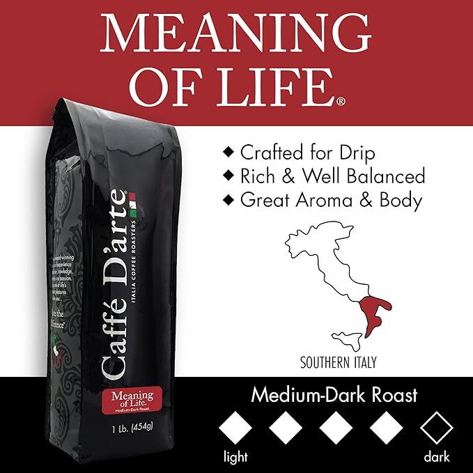 Caffe D'arte Meaning of Life Ground Coffee ??Medium Dark Roast, Rich & Well-Balanced Flavor with Great Aroma, Crafted for Drip Brewing, Fresh Roasted in Seattle, 1 Pound (Pack of 2)