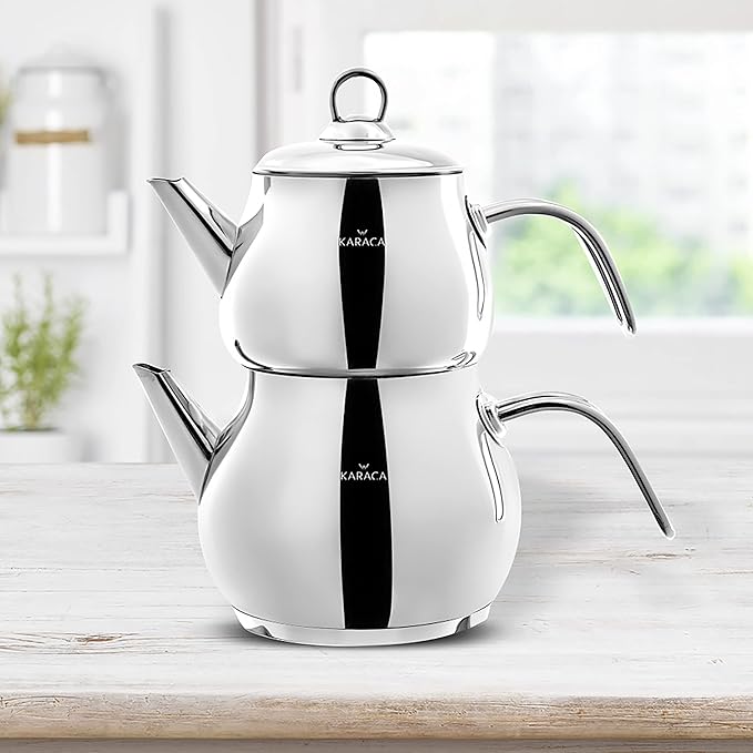 Karaca Layla Teapot Edelstahl, Turkischer Teekocher, Wasserkocher, Teekanne: 1 L Wasserkocher: 1,75 L, T체rkisches Teekannen, Kayra Teekannen Set Metal