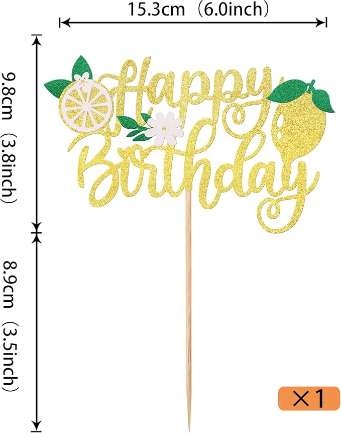 1 Pack Lemon Cake Topper Glitter Happy Birthday Cake Pick for Fruit Theme Baby Shower Kids Boys Girls Birthday Party Summer Fruit Lemon Cake Decorations Supplies