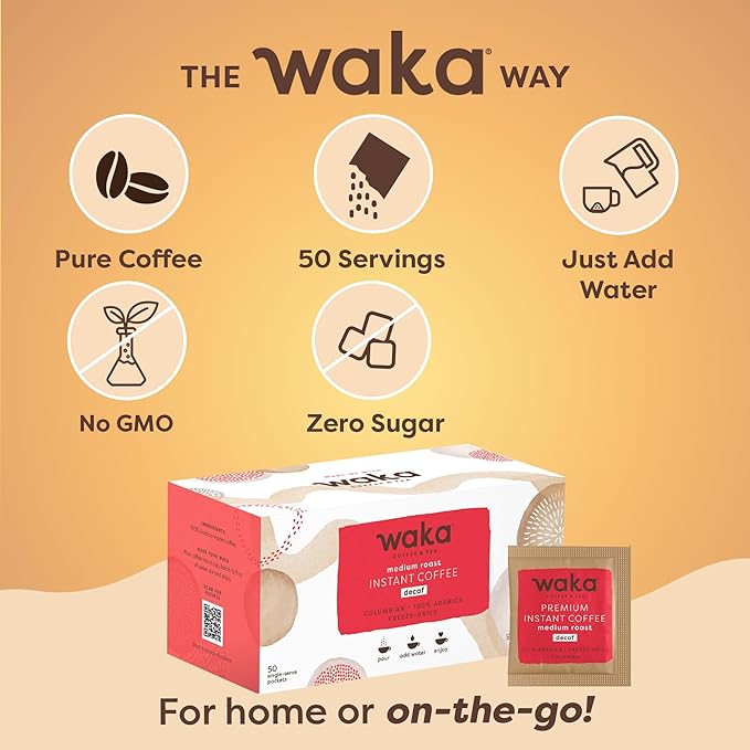 Waka Decaf Premium Instant Coffee — 100% Colombian Arabica Freeze Dried Beans — For Hot or Iced Coffee (Single-Serve, 50 ct)