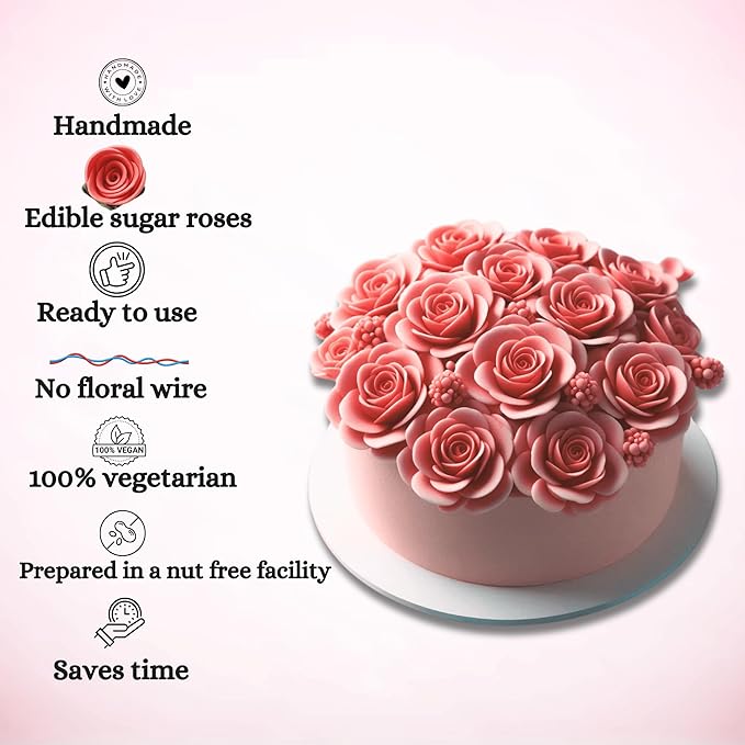 Confect Edible Coral Rose Cake Toppers | Handmade Edible Roses for Cakes, Cupcakes & Donuts | Floral Sugar Decorations for Wedding, Birthday & Festive Desserts ??Pack of 12