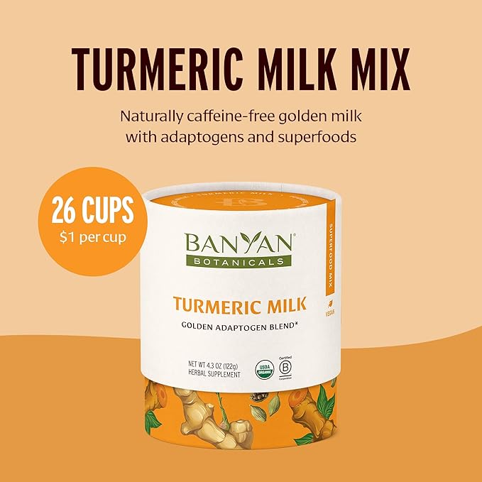 Banyan Botanicals Turmeric Milk ??Organic Turmeric Latte Mix with Ashwagandha & Cardamom ??Instant Caffeine Free Golden Milk with Maple Sugar ??4.3 oz, 26 servings ?“Non GMO Sustainably Sourced Vegan