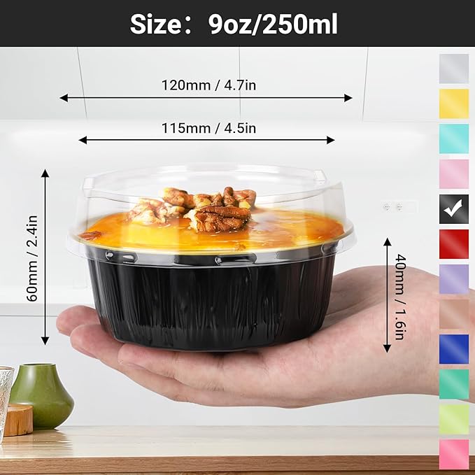 EUSOAR Dessert Cups with Lids, 100pcs 9oz Black Disposable Creme Brulee Ramekins, Cake Storage Container Bakery Cheesecakes Muffins Pie Round Holders Cups Pans for Wedding Birthday Theme Party