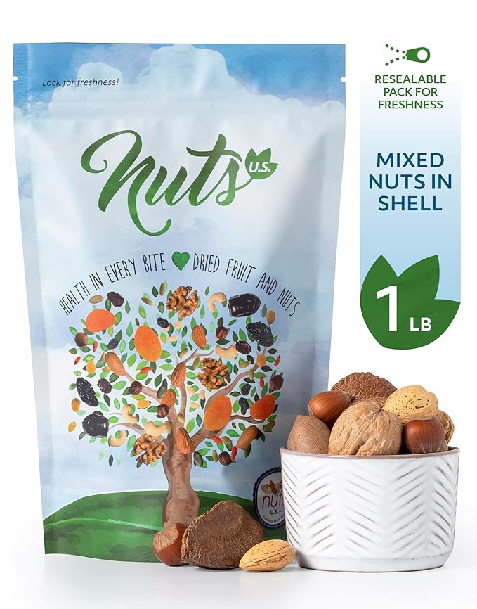 NUTS U.S. ??Mixed Nuts In Shell (Almonds, Walnuts, Hazelnuts, Pecans, Brazil Nuts) | No Added Colors and No Artificial Flavors | Fresh Buttery Taste and Raw |Packed In Resealable Bags!!! (1 LB)