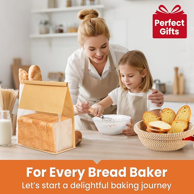 TomCare Sourdough Starter Kit 38PCS Sourdough Bread Baking Supplies, 42oz Glass Starter Jar 10'' Round Cotton Bread Proofing Basket 10pcs Bread Bags 10pcs Measuring Cups Silicone Baking Mat Tools